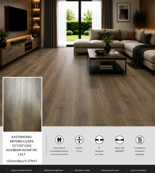 Laminat KASTAMONIU ARTORN C2/EPA 12*133*1202 AC4 BEAM 4VUNF MC 1.KLT (12mm/8pcs/1.279m2)