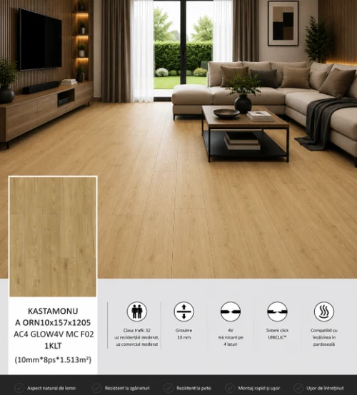 Laminat KASTAMONU A ORN10x157x1205 AC4 GLOW4V MC F02 1KLT (10mm*8ps*1.513m2)