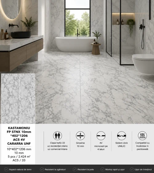 Laminat KASTAMONIU FP STNX 10mm*402*1206 AC5 4V CARARRA UNF 1.KLT (5pcs 2.424m2)