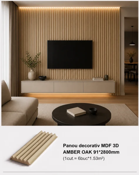 Panou decorativ MDF 3D AMBER OAK 91*2800mm  (1cut.= 6buc*1.53m2)
