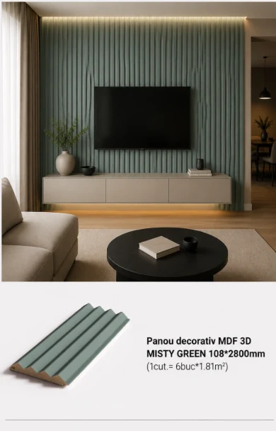 Panou decorativ MDF 3D MISTY GREEN 108*2800mm (1cut.= 6buc*1.81m2)