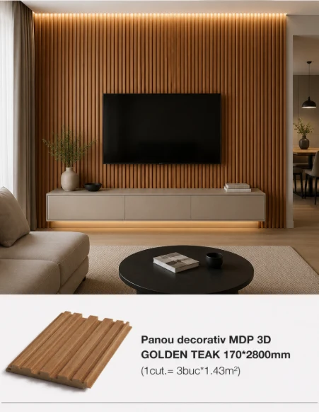 Panou decorativ MDP 3D GOLDEN TEAK 170*2800mm (1cut.= 3buc*1.43m2)