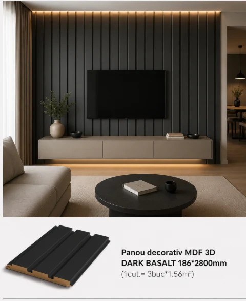 Panou decorativ MDF 3D DARK BASALT 186*2800mm  (1cut.= 3buc*1.56m2)